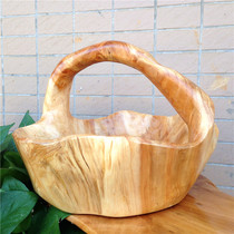 抖音同款實木提手籃子果盤創意木質客廳家用根雕果盆復古水果籃子