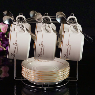 创意6件套 金边杯碟 骨瓷咖啡杯带碟勺子架子 陶瓷咖啡杯套装 欧式