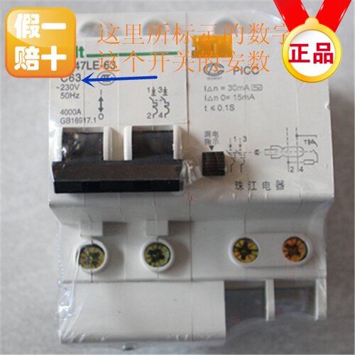 珠江漏电开关 空气开关 40A带漏电断路器 C63空漏 DZ47LE 2P