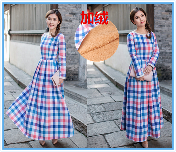 新款加绒加厚纯棉格子复古风旗袍