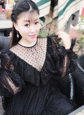 FS20早春荷叶边大灯笼袖黑色波点薄纱网纱连衣裙长袖打底裙蓬蓬裙