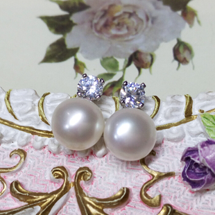 9mm扁圆925纯银 单钻强光8 千凝 天然淡水珍珠耳钉耳环简单王妃款