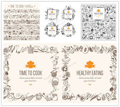 A2357矢量复古手绘线稿素描风格厨具食物菜单海报模板 AI设计素材