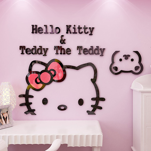 KT猫Hellokitty儿童房亚克力3D立体墙贴画卡通卧室墙壁装饰品贴纸图片