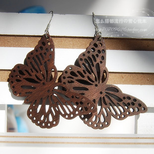 蝴蝶木质木片耳环 925银钩波西米亚民族风耳饰 欧美时尚新品