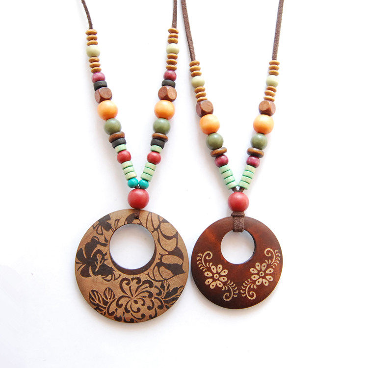 木质项链毛衣链女款时尚韩版百搭民族风项坠吊坠挂饰不包邮正反面