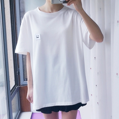 大码短袖T恤女胖mm200斤夏中长款韩版宽松黑色纯白原宿胖妹妹bf风