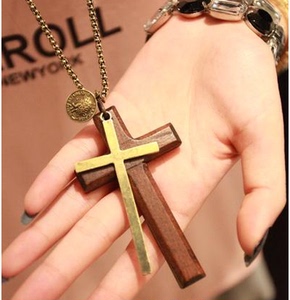 韩版木质十字架双层长款项链复古文艺范时尚男女士吊坠毛衣链包邮