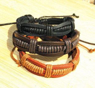 简约复古麻绳手环 女韩版 情侣手镯小饰品 手工真皮编织手链男 时尚