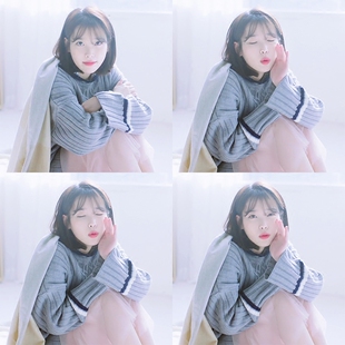 IU李知恩明星同款新版宣传坑条宽松V领海军风长袖打底毛衣上衣女