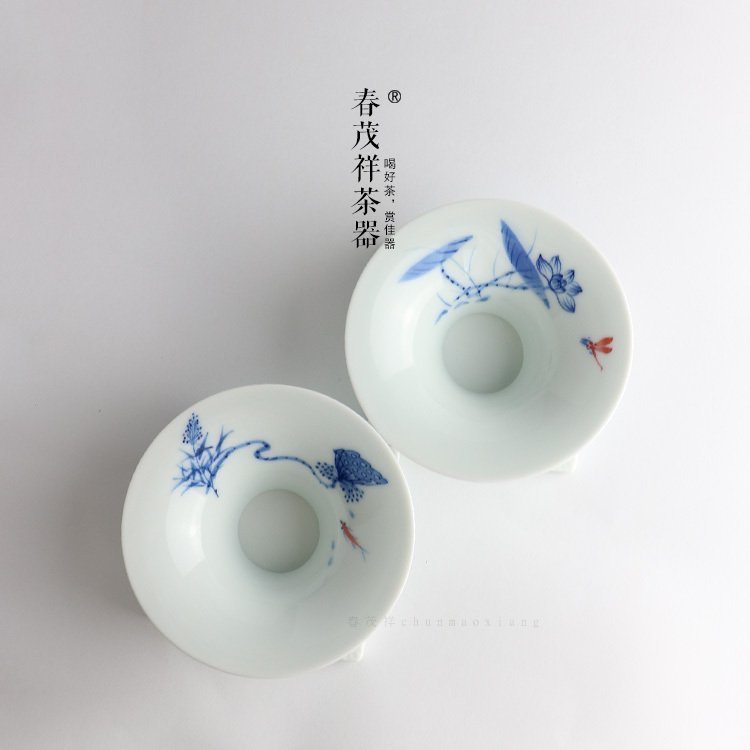 春茂祥茶具景德镇青花手工茶漏手绘荷花莲蓬陶瓷大过滤网茶道配件