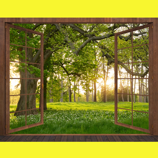 3D卧室空间假窗墙贴纸客厅森林公园溪湖景花园房子景观背景墙