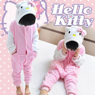 白袖KT猫卡通动物连体睡衣男女儿童亲子表演派对连身衣法拉绒如厕