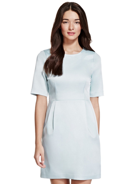 欧美大牌裙 淡蓝色缎面厚中袖复合面料连衣裙