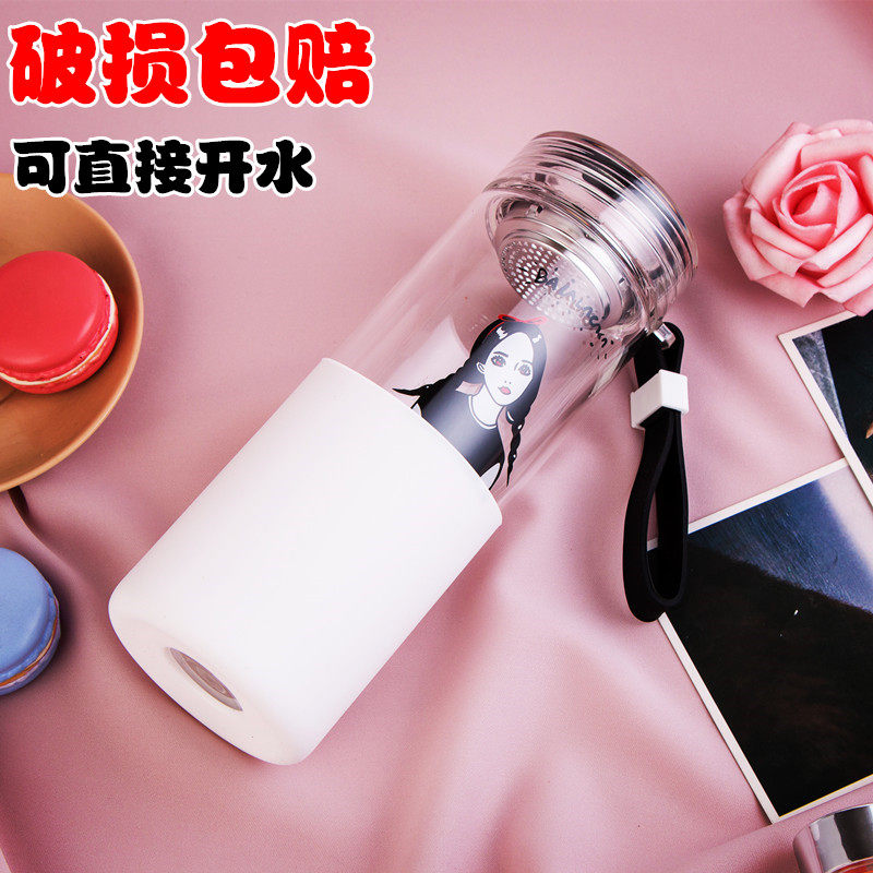 创意风学生透明带盖便携玻璃杯