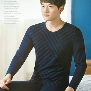 逸如枫兰精莫代尔抗菌提花条纹圆领男士秋衣薄款打底内衣套装2821