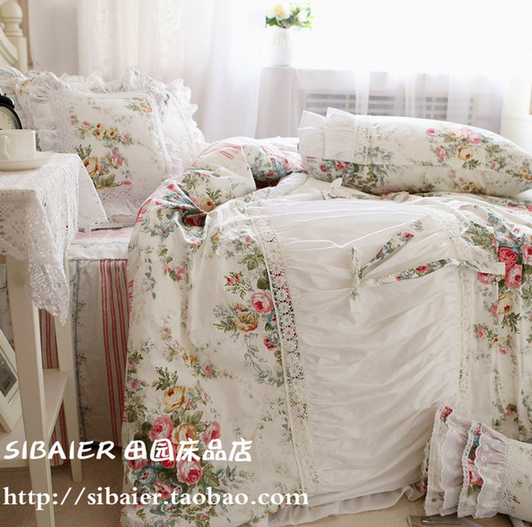 韩版克里斯汀欧式田园荷叶花边蕾丝手工褶皱纯棉床上用品四件套