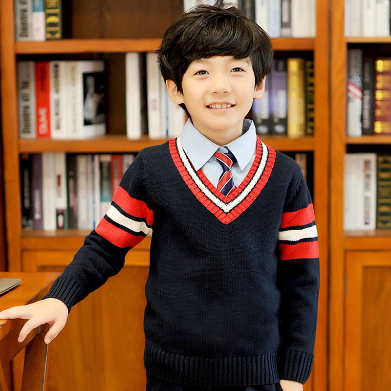 卷卷毛童装春秋装英伦学院风中小学生校服班服秋冬装v领男童毛衣