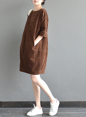 天天特价  秋装新长袖灯芯绒茧型百搭连衣裙 咖色 L114