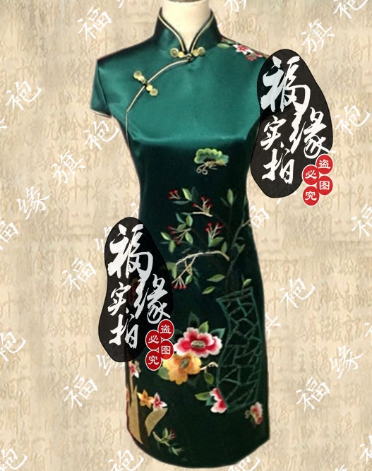 墨绿真丝绣花旗袍时尚日常改良短款旗袍裙手工日常旗袍定做