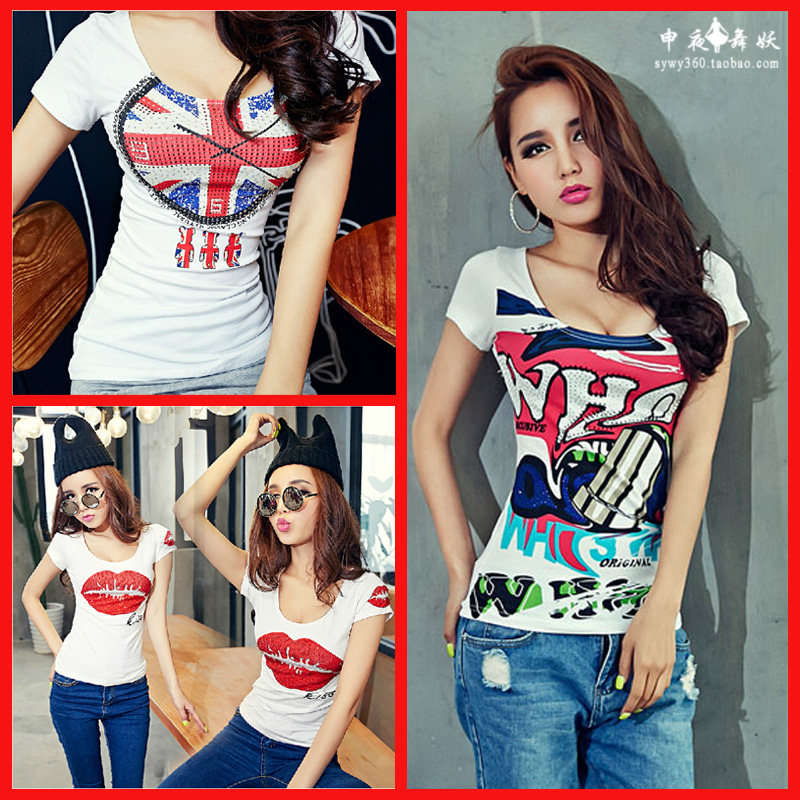 韩版短袖t恤女夏性感低领修身显瘦圆领米子印花紧身打底衫上衣潮