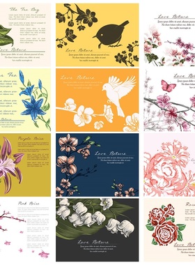 A0199矢量花朵花纹背景卡片模板玫瑰铃兰桃花花鸟 AI设计素材