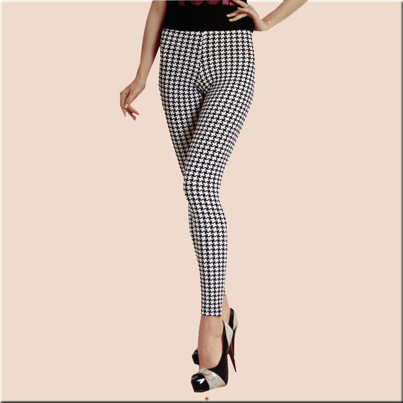 清仓 格凯竹纤维女士千鸟格时尚印花贴身外穿九分打底裤家居裤