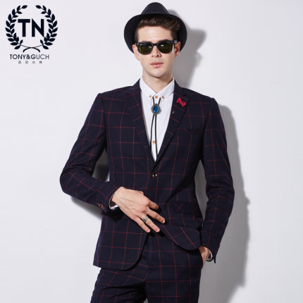 韩版修身西装套装酒红色英伦复古格子结婚新郎西服三件套男潮包邮