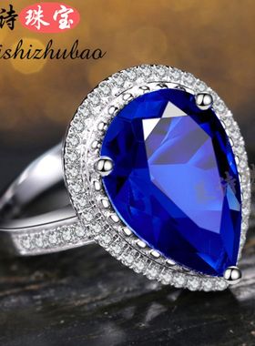 蓝宝石戒指女日韩彩色宝石指环镶嵌坦桑石纯银镀18k金彩宝首饰品
