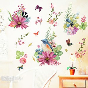 可移除墙贴国风花鸟客厅卧室橱窗房门贴简约田园家装贴纸画