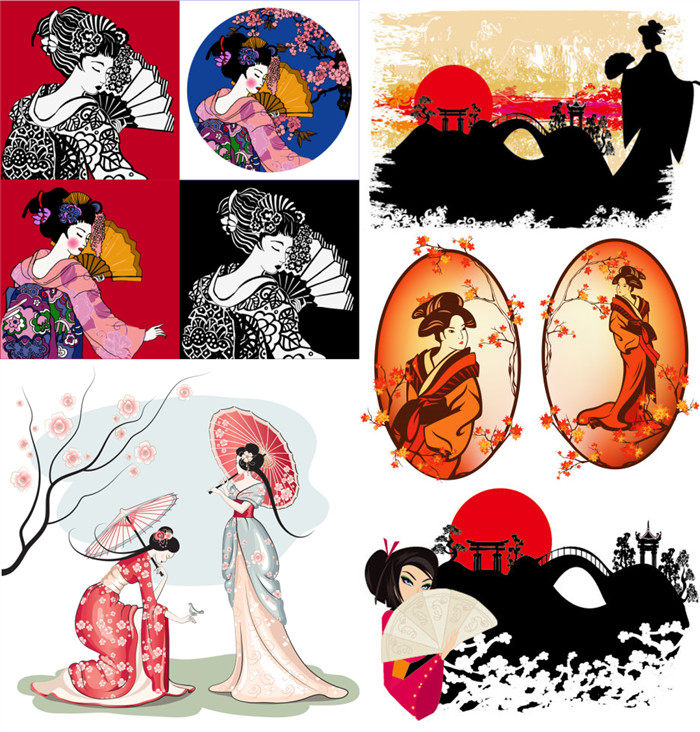 A3129矢量日本日式传统女性人物插画艺妓和服图案 AI设计素材