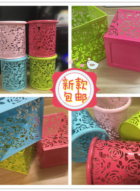 彩色玫瑰花纹金属圆笔筒收纳方形多彩笔筒创意黑色网格笔筒 包邮