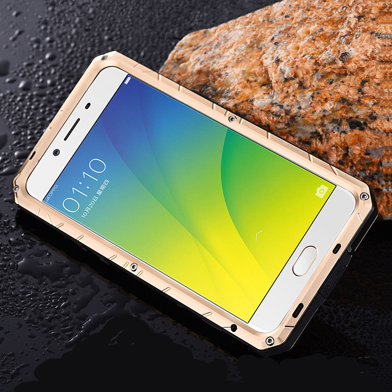 iMatch Water Resistant Shockproof Dust/Dirt/Snow-Proof Aluminum Glass Metal Military Heavy Duty Case Cover for OPPO R9s