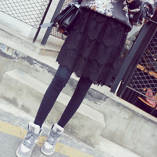 可穿新品 包邮 韩版 裙假两件 百搭显瘦睫毛蕾丝拼接小脚打底裤 三季