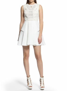 20年春季新款白色空气层面料激光冲孔高腰无袖连衣裙短裙露背