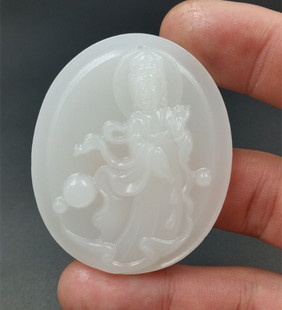 新疆和田白玉观音玉石挂件羊脂白方解石玉散花观音吊坠玉牌子玉坠