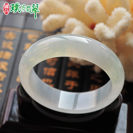 【璞谷翡翠】56冰玻种起荧光素白宽条翡翠手镯a货玉镯子5042小营