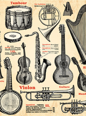 A0938矢量复古泛黄杂志目录模板乐器黑管提琴圆号竖琴 AI设计素材