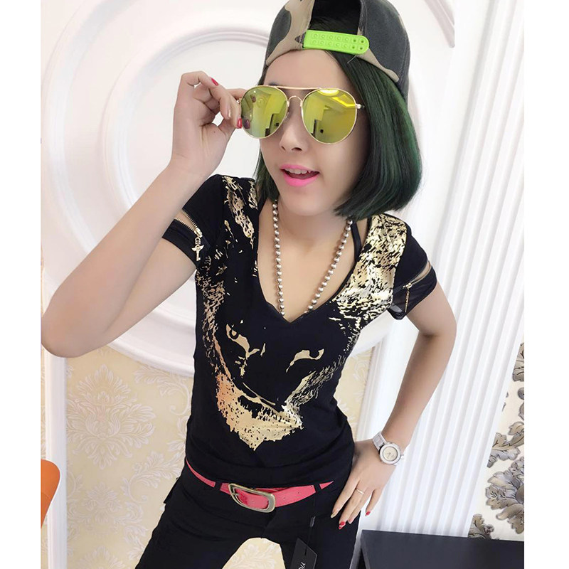 欧洲站女夏新款韩版个性印花性感v领短袖T恤衫美背露背修身上衣潮