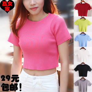 不透露脐露胃高腰纯色打底针织衫短袖T恤螺纹弹力性感百搭小清新