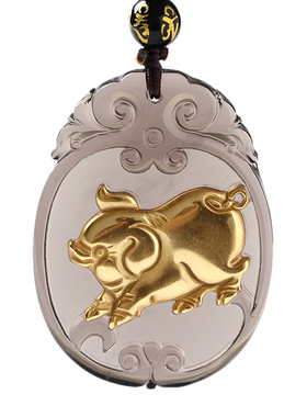 喜柿连猪镀金黑曜石生肖吊坠玉猪吉祥物猪型猪形饰品男女