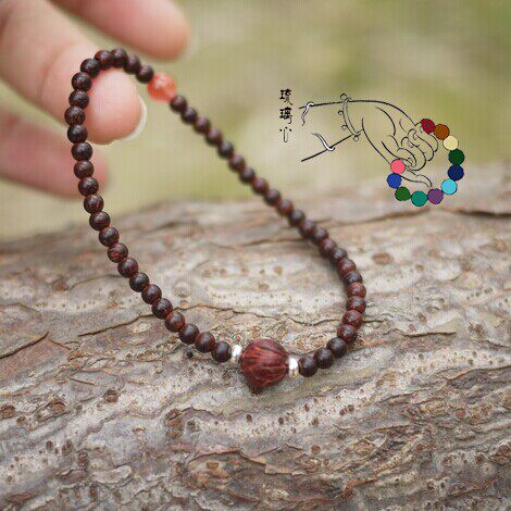 极细女款小叶紫檀莲花手串 4mm小珠 清新文艺  配南红 细小的美好