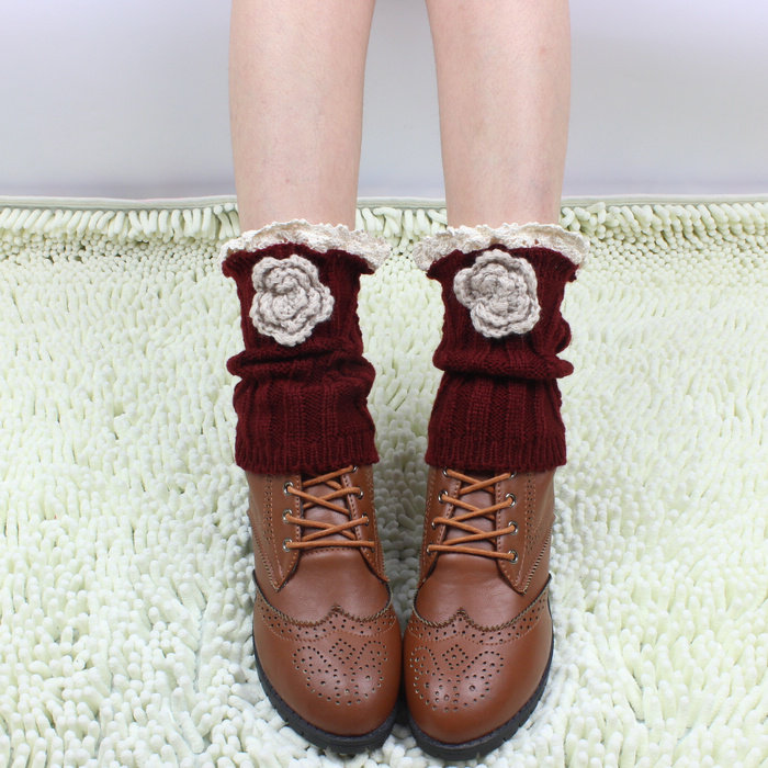 秋冬护小腿腿套蕾丝花边袜套百搭提花鞋套保暖脚踝套潮女毛线靴套