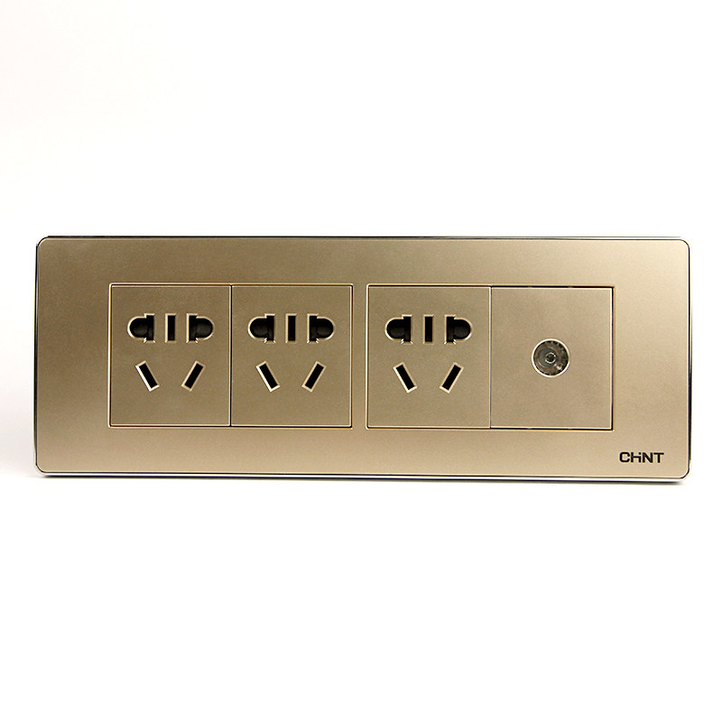 正泰电工开关插座5f 三插一视/九孔 电视/有线 118型大号香槟金色