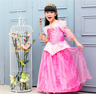 cosplay服装新款睡美人儿童公主裙粉色蓬蓬连衣裙撑皇冠魔法棒