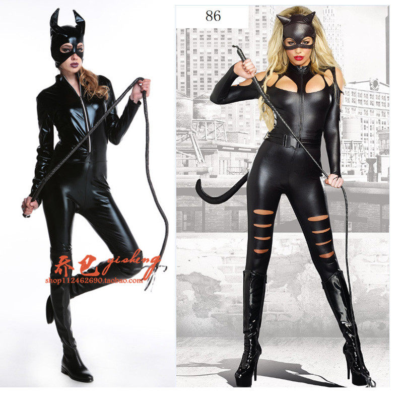 万圣节性感狂野猫女装 连体漆皮猫女郎cosplay黑色猫女派对演出服