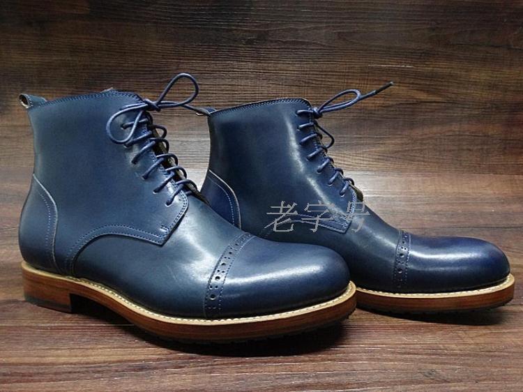 固特异纯手工男鞋牛皮底鞋定制蓝色进口真皮圆头靴子牛仔工装靴|ruв категории Мужская обувь, сапоги - от Buy2taobao.com для оказания профессиональной услуги покупки агента Taobao