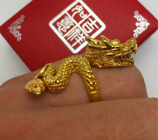 欧币沙金戒指男仿金开口戒指黄金色霸气龙头戒指新郎结婚镀金指环
