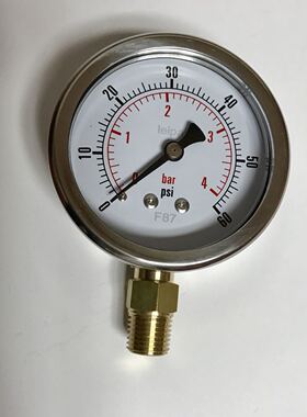 不锈钢外壳压力表 61-68mm 压力0-4bar 60psi 铜螺纹ZG1/4 径向