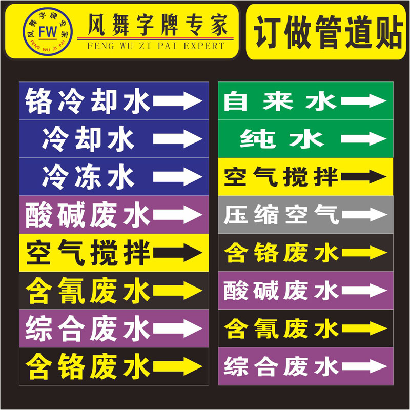 反光管道标识 冷却水自来水纯水管道标签贴纸不干胶流向指示箭头